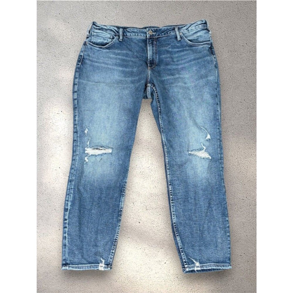 Silver Jeans Boyfriend Women's 18/29 Mid Rise Dark Wash Distressed Stretch Denim